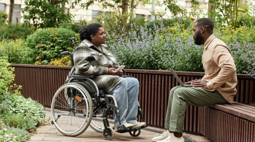 Side view portrait of black woman in wheelchair